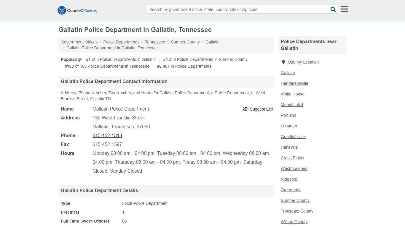 Gallatin Police Department - Gallatin, TN (Address, Phone, Fax, and Hours)